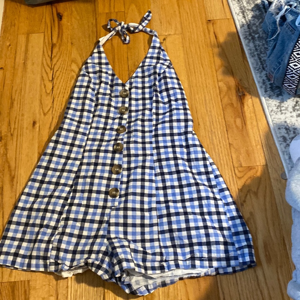All different shades of blue checkered jumpsuit